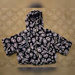 H&M x Smiley oversized faux fur jacket in purple and black Sz.L